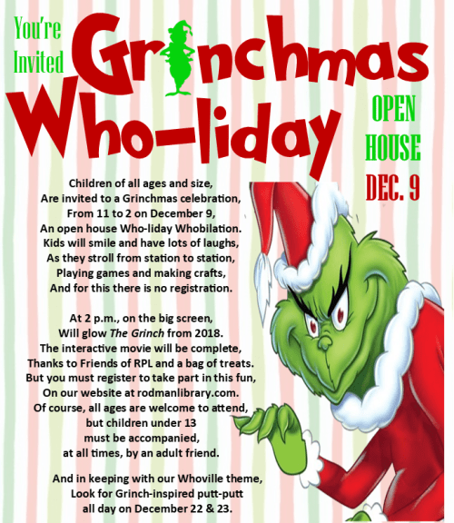 Grinchmas Wholiday Open House Planned December 9 Rodman Public Library